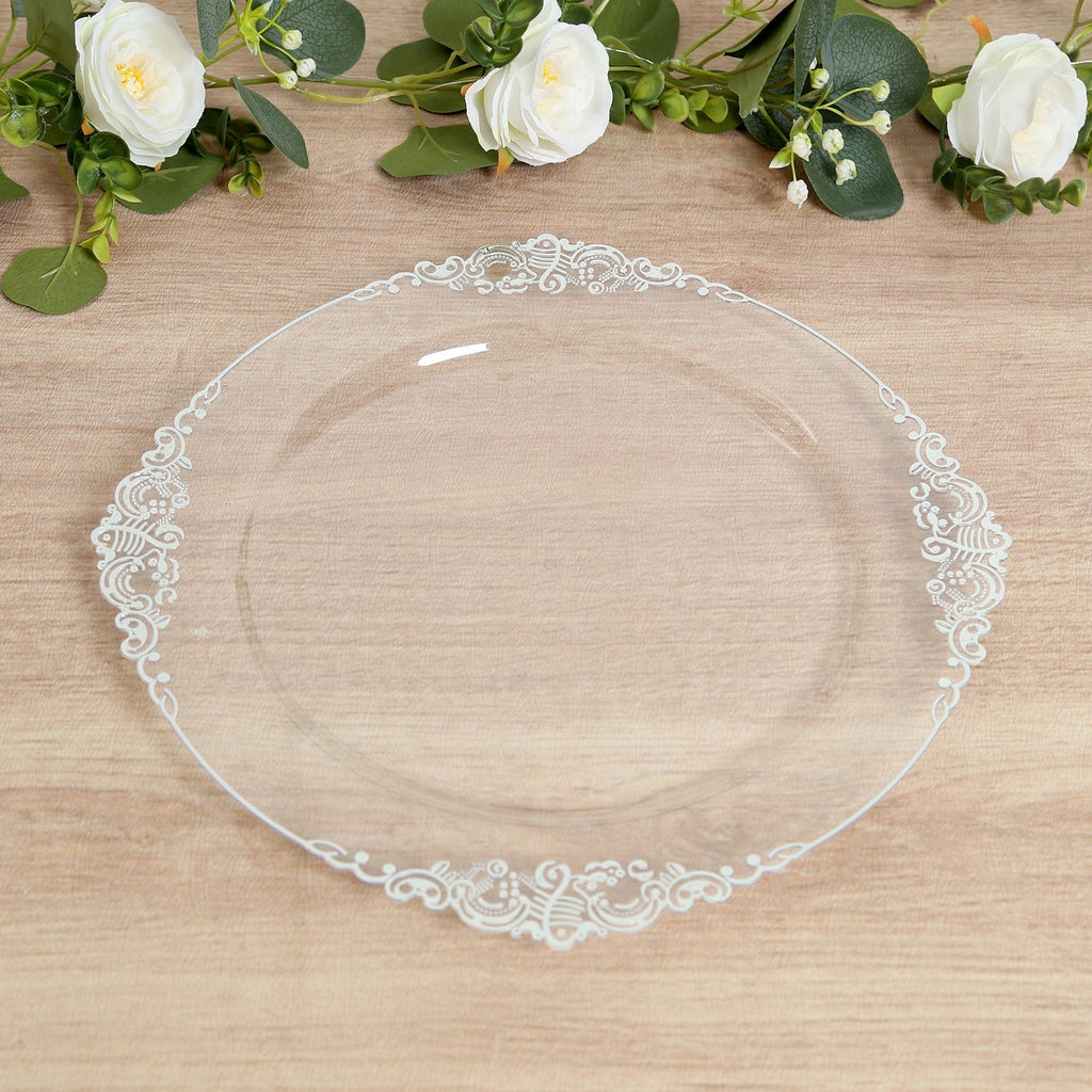20 - Pack Economy Plastic Round Charger Plates 13" in Clear with Silver Embossed Baroque Rim, Stylish Dinner Party Serving Plates - Bell Racket Store