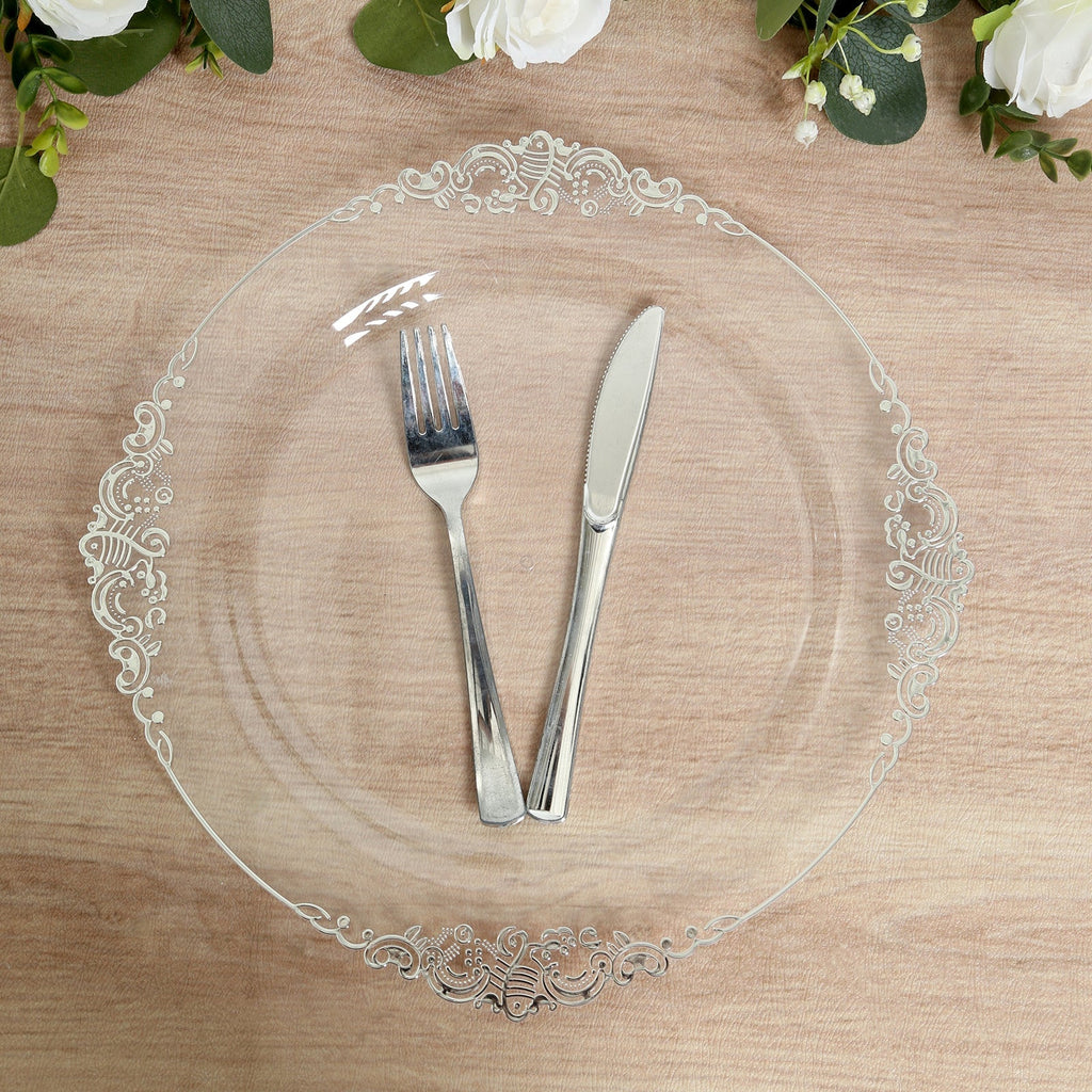 20 - Pack Economy Plastic Round Charger Plates 13" in Clear with Silver Embossed Baroque Rim, Stylish Dinner Party Serving Plates - Bell Racket Store