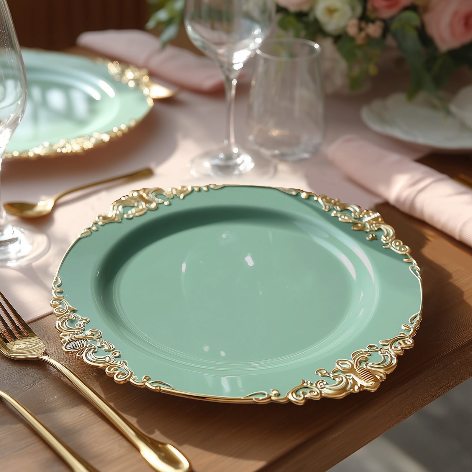 20 - Pack Economy Plastic Round Charger Plates 13" in Dusty Sage Green with Gold Embossed Baroque Rim, Stylish Dinner Party Serving Plates - Bell Racket Store
