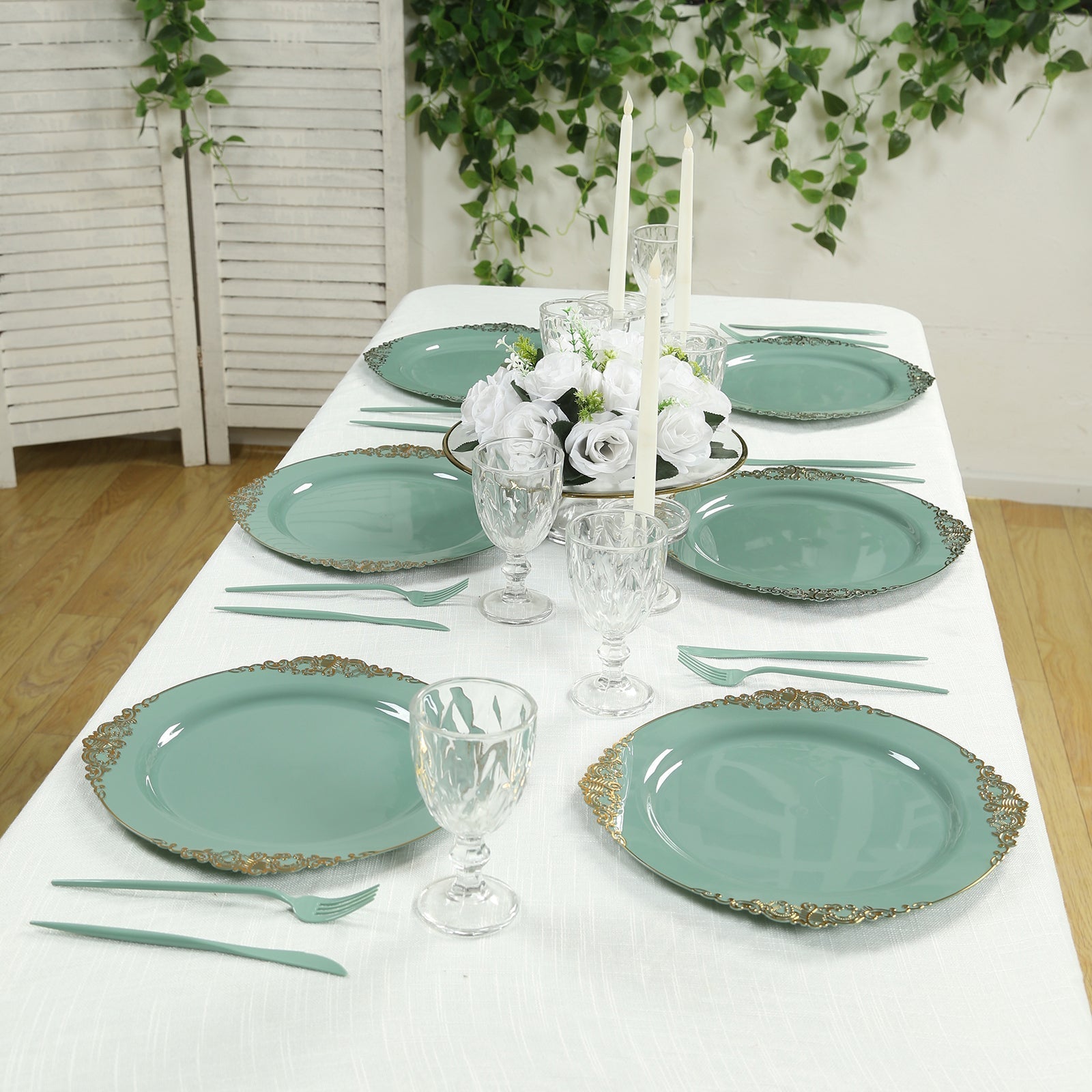 20 - Pack Economy Plastic Round Charger Plates 13" in Dusty Sage Green with Gold Embossed Baroque Rim, Stylish Dinner Party Serving Plates - Bell Racket Store