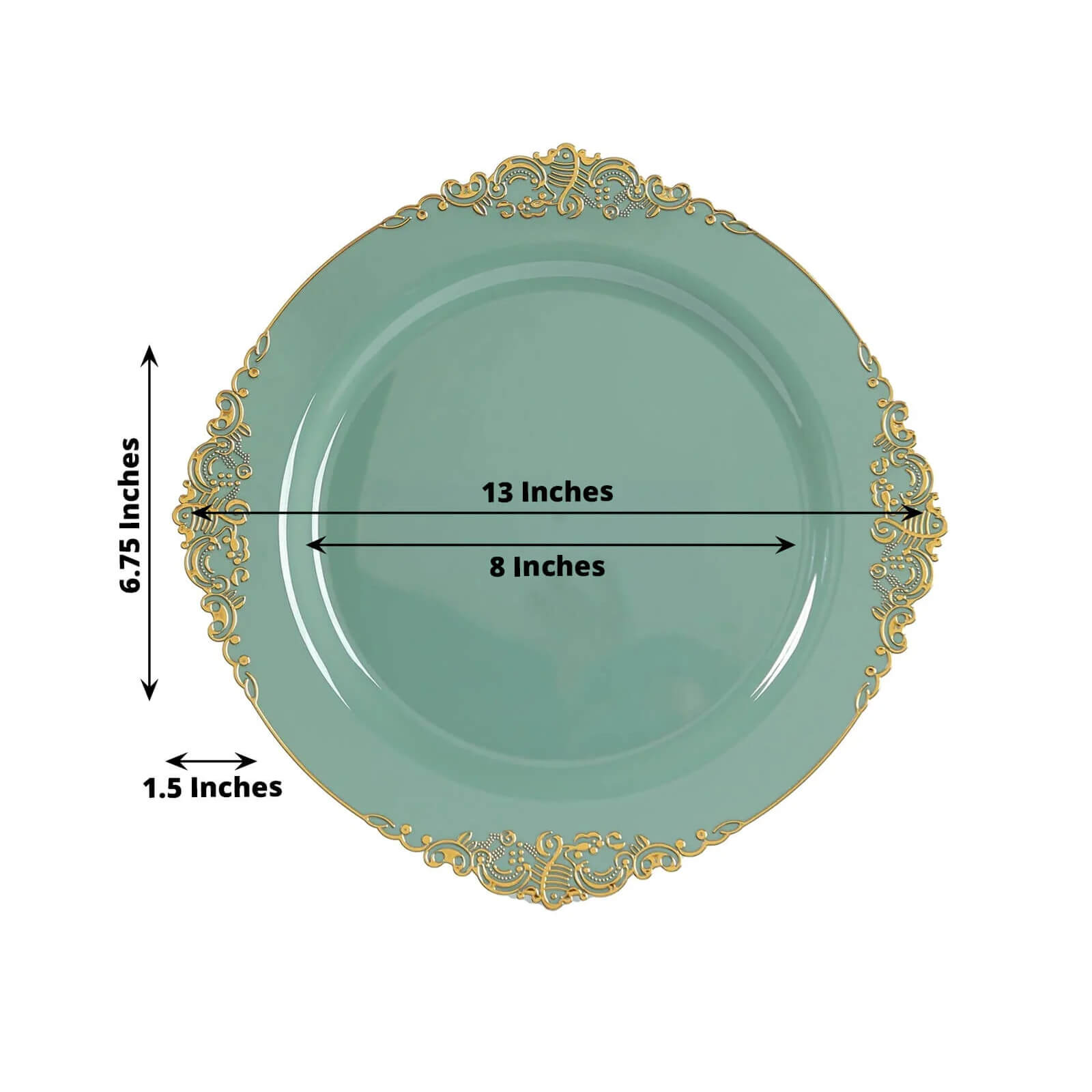 20 - Pack Economy Plastic Round Charger Plates 13" in Dusty Sage Green with Gold Embossed Baroque Rim, Stylish Dinner Party Serving Plates - Bell Racket Store