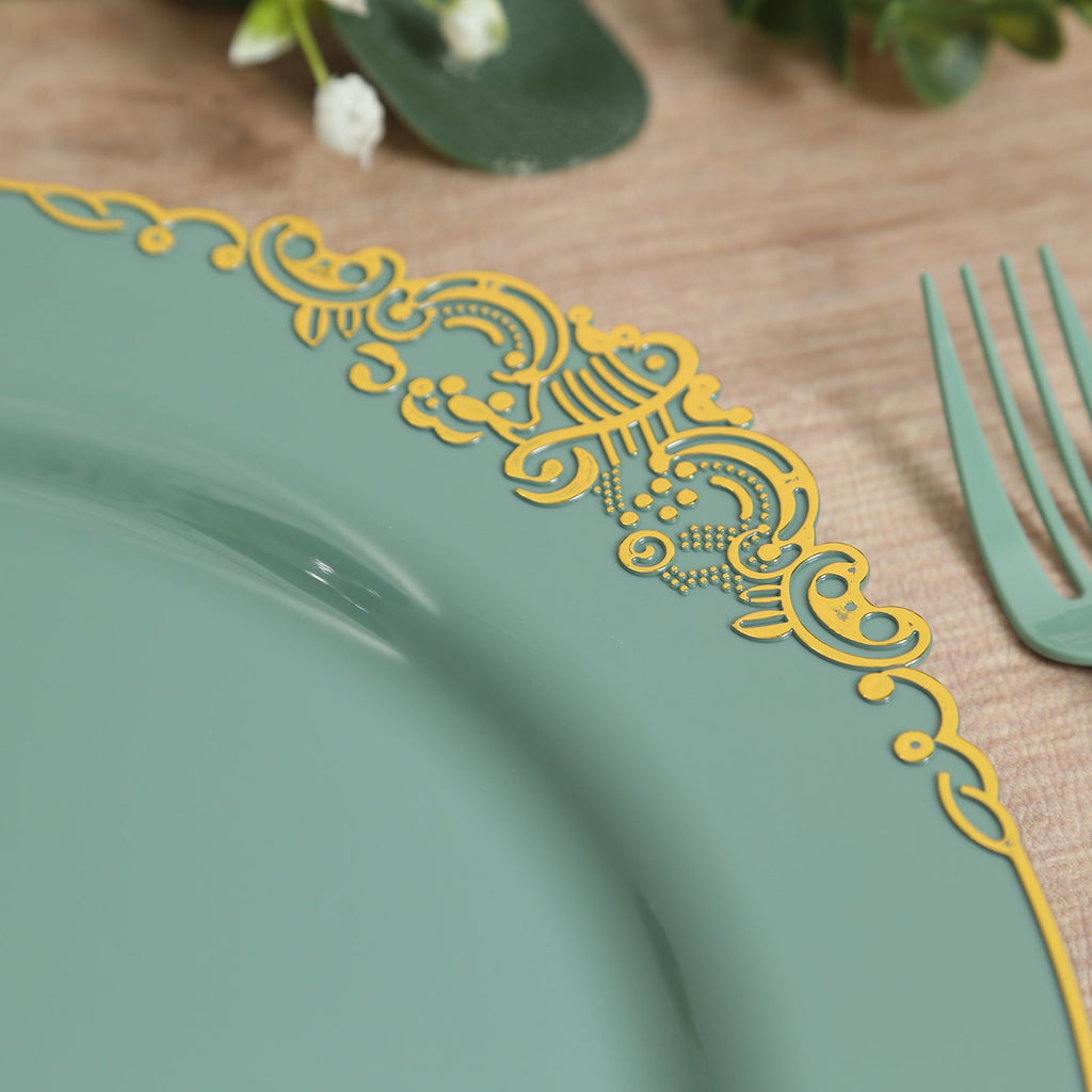 20 - Pack Economy Plastic Round Charger Plates 13" in Dusty Sage Green with Gold Embossed Baroque Rim, Stylish Dinner Party Serving Plates - Bell Racket Store