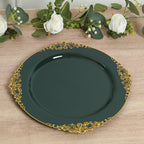 20 - Pack Economy Plastic Round Charger Plates 13" in Hunter Emerald Green with Gold Embossed Baroque Rim, Stylish Dinner Party Serving Plates - Bell Racket Store