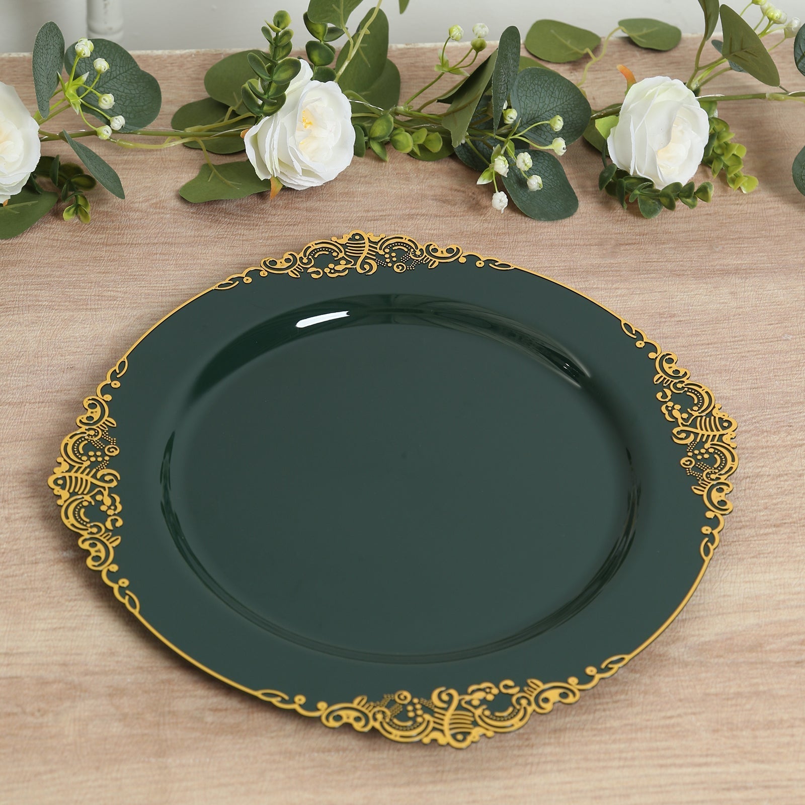 20 - Pack Economy Plastic Round Charger Plates 13" in Hunter Emerald Green with Gold Embossed Baroque Rim, Stylish Dinner Party Serving Plates - Bell Racket Store