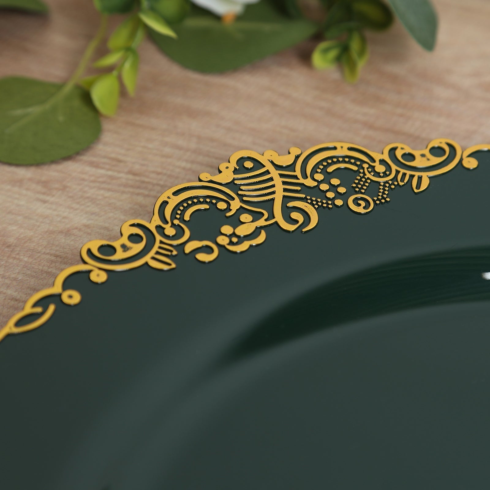 20 - Pack Economy Plastic Round Charger Plates 13" in Hunter Emerald Green with Gold Embossed Baroque Rim, Stylish Dinner Party Serving Plates - Bell Racket Store