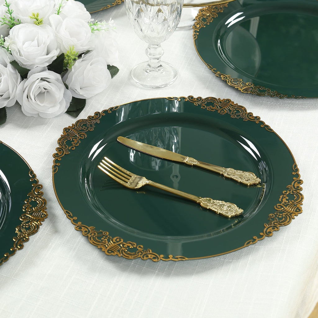 20 - Pack Economy Plastic Round Charger Plates 13" in Hunter Emerald Green with Gold Embossed Baroque Rim, Stylish Dinner Party Serving Plates - Bell Racket Store