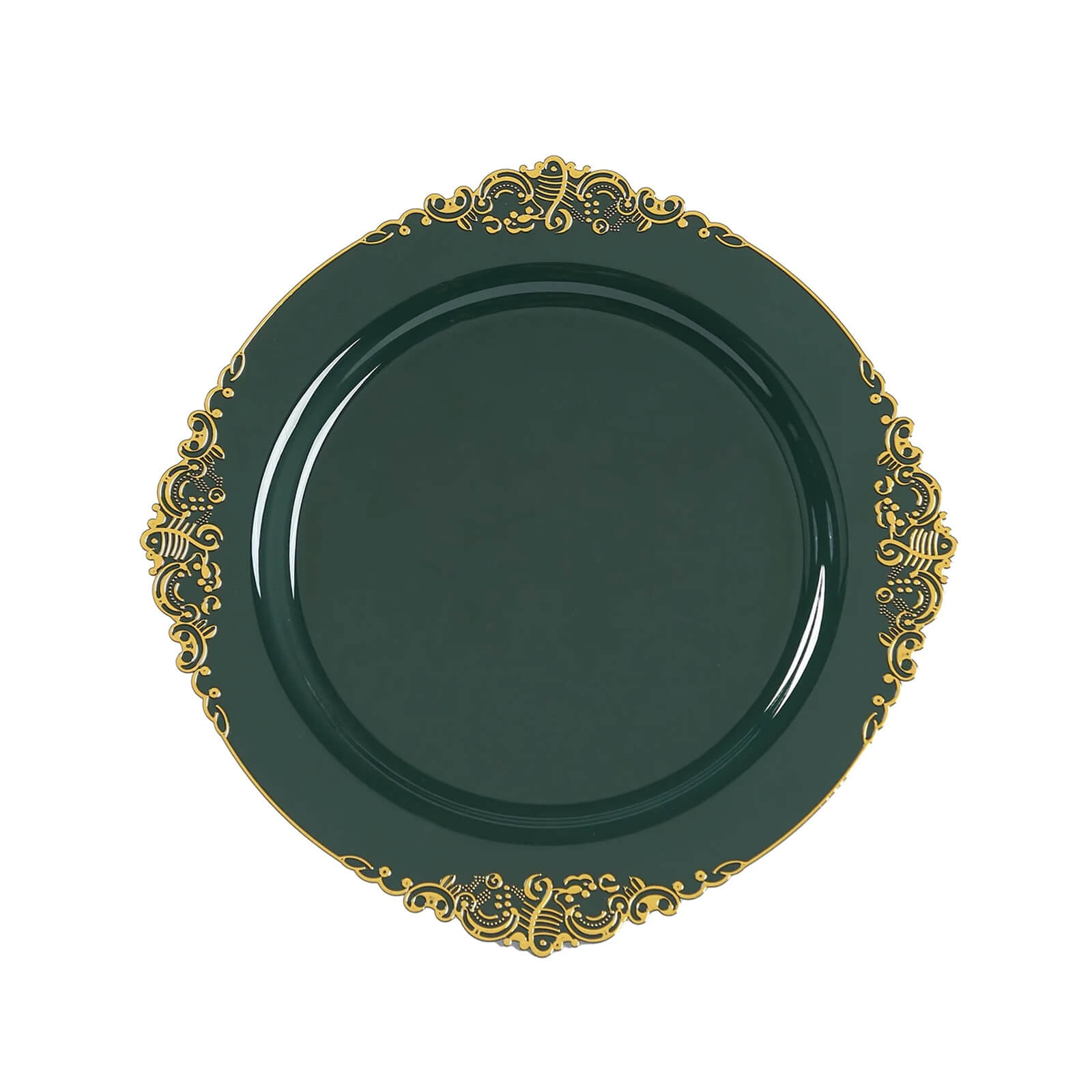 20 - Pack Economy Plastic Round Charger Plates 13" in Hunter Emerald Green with Gold Embossed Baroque Rim, Stylish Dinner Party Serving Plates - Bell Racket Store