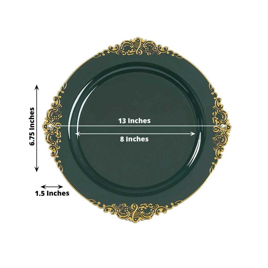 20 - Pack Economy Plastic Round Charger Plates 13" in Hunter Emerald Green with Gold Embossed Baroque Rim, Stylish Dinner Party Serving Plates - Bell Racket Store