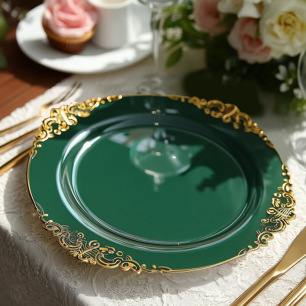 20 - Pack Economy Plastic Round Charger Plates 13" in Hunter Emerald Green with Gold Embossed Baroque Rim, Stylish Dinner Party Serving Plates - Bell Racket Store