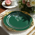 20 - Pack Economy Plastic Round Charger Plates 13" in Hunter Emerald Green with Gold Embossed Baroque Rim, Stylish Dinner Party Serving Plates - Bell Racket Store
