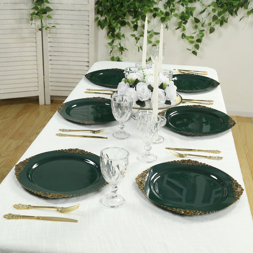 20 - Pack Economy Plastic Round Charger Plates 13" in Hunter Emerald Green with Gold Embossed Baroque Rim, Stylish Dinner Party Serving Plates - Bell Racket Store