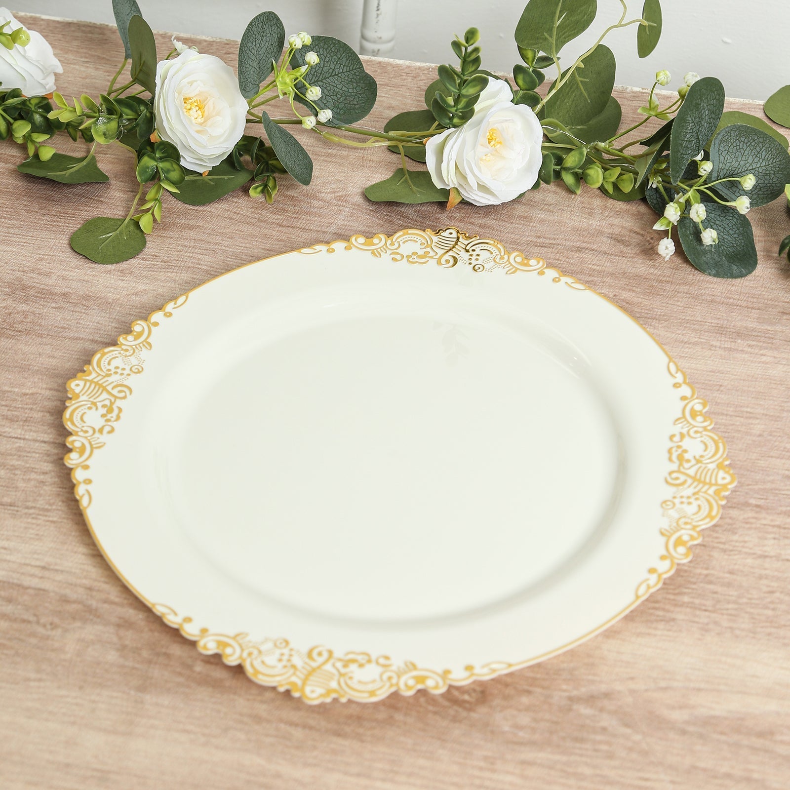 20 - Pack Economy Plastic Round Charger Plates 13" in Ivory with Gold Embossed Baroque Rim, Stylish Dinner Party Serving Plates - Bell Racket Store