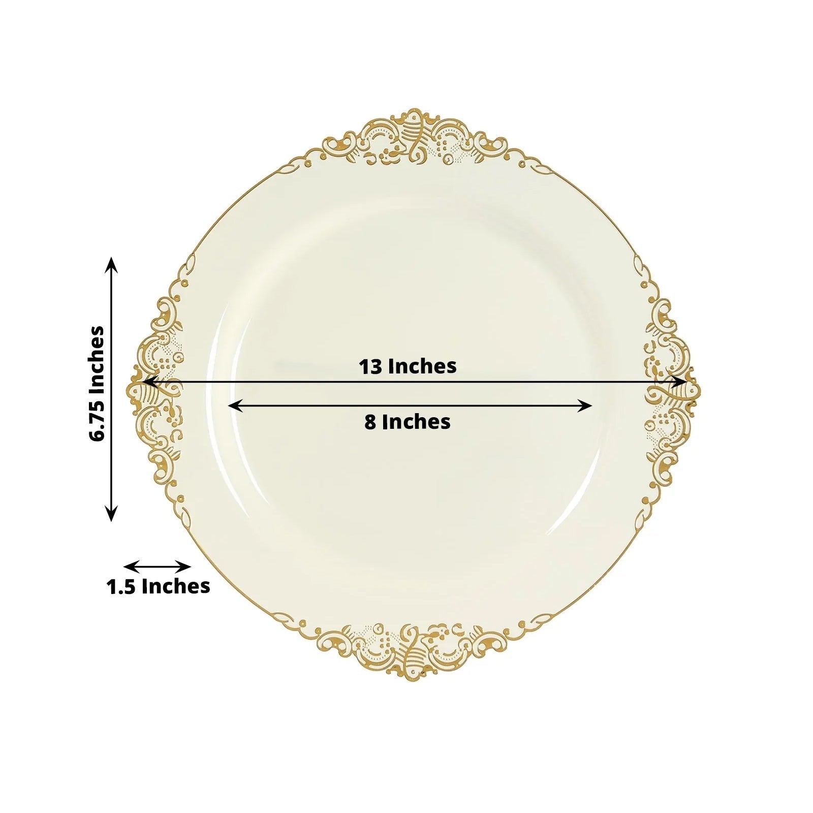 20 - Pack Economy Plastic Round Charger Plates 13" in Ivory with Gold Embossed Baroque Rim, Stylish Dinner Party Serving Plates - Bell Racket Store