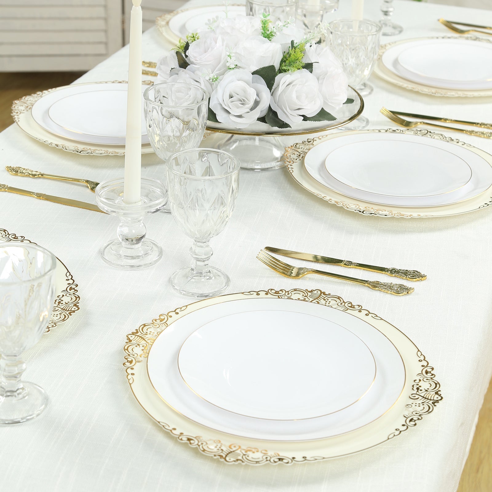 20 - Pack Economy Plastic Round Charger Plates 13" in Ivory with Gold Embossed Baroque Rim, Stylish Dinner Party Serving Plates - Bell Racket Store