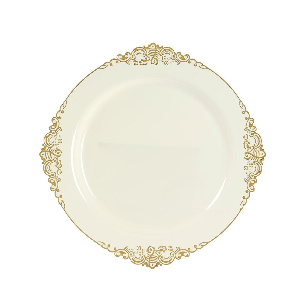 20 - Pack Economy Plastic Round Charger Plates 13" in Ivory with Gold Embossed Baroque Rim, Stylish Dinner Party Serving Plates - Bell Racket Store