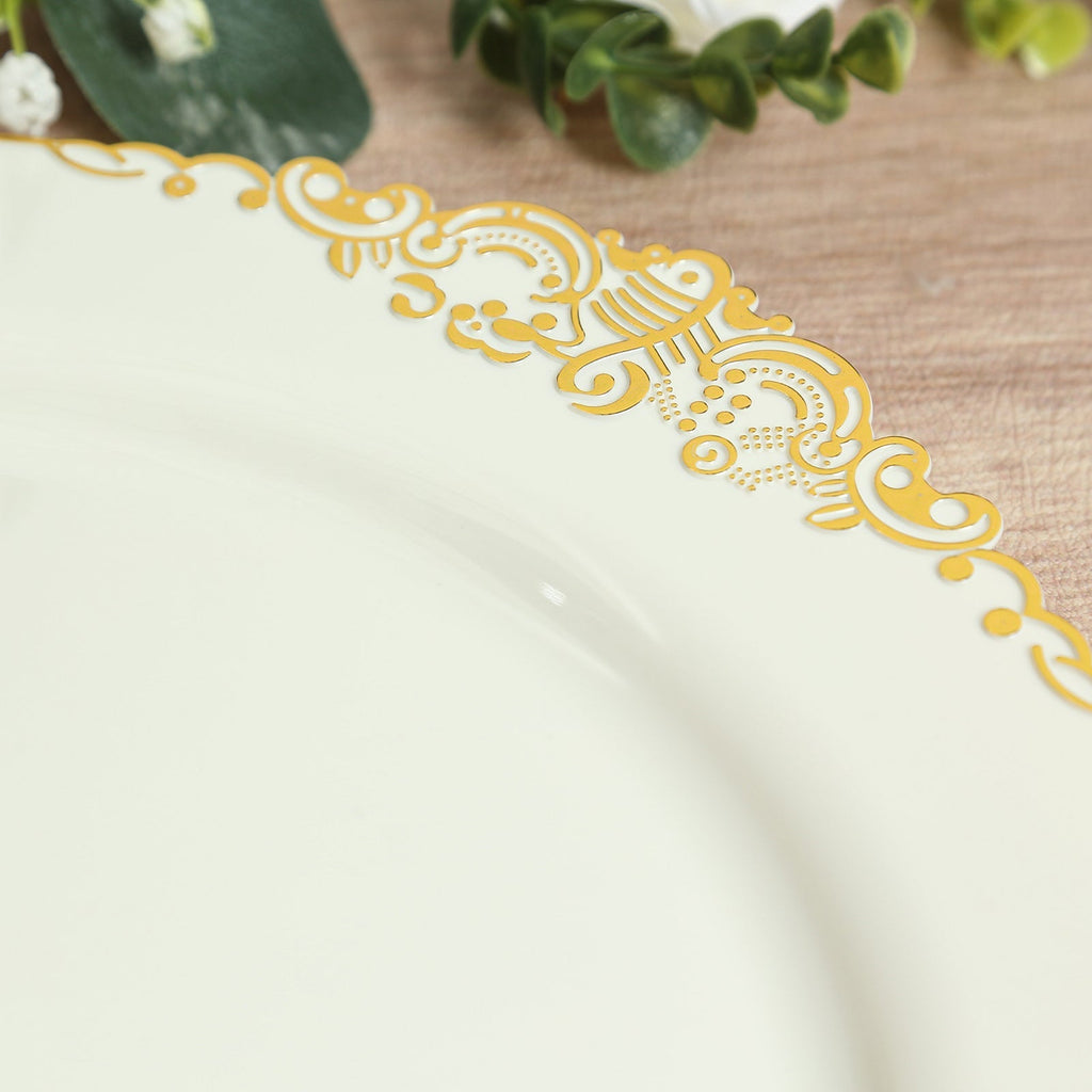 20 - Pack Economy Plastic Round Charger Plates 13" in Ivory with Gold Embossed Baroque Rim, Stylish Dinner Party Serving Plates - Bell Racket Store