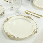 20 - Pack Economy Plastic Round Charger Plates 13" in Ivory with Gold Embossed Baroque Rim, Stylish Dinner Party Serving Plates - Bell Racket Store