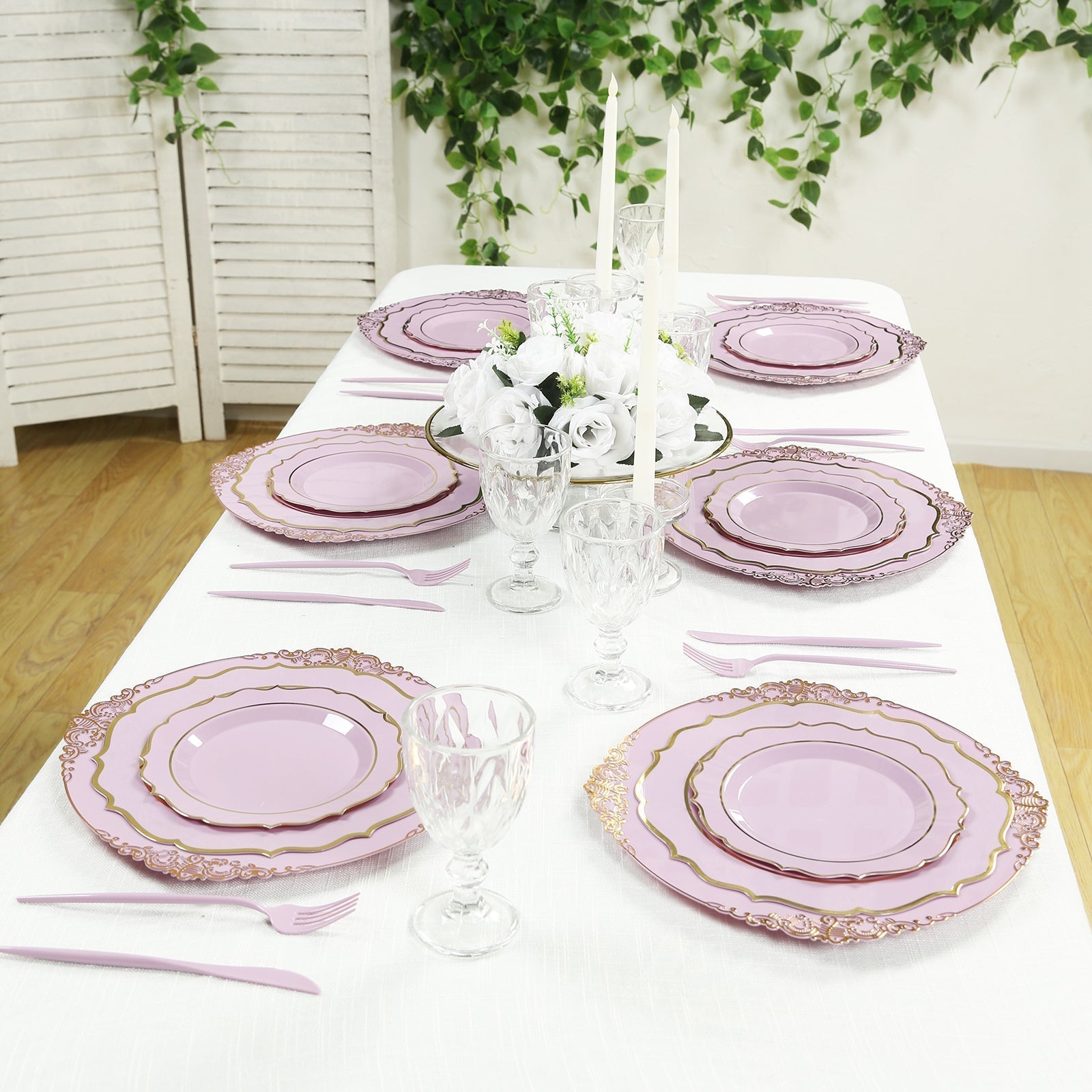 20 - Pack Economy Plastic Round Charger Plates 13" in Lavender Lilac with Gold Embossed Baroque Rim, Stylish Dinner Party Serving Plates - Bell Racket Store