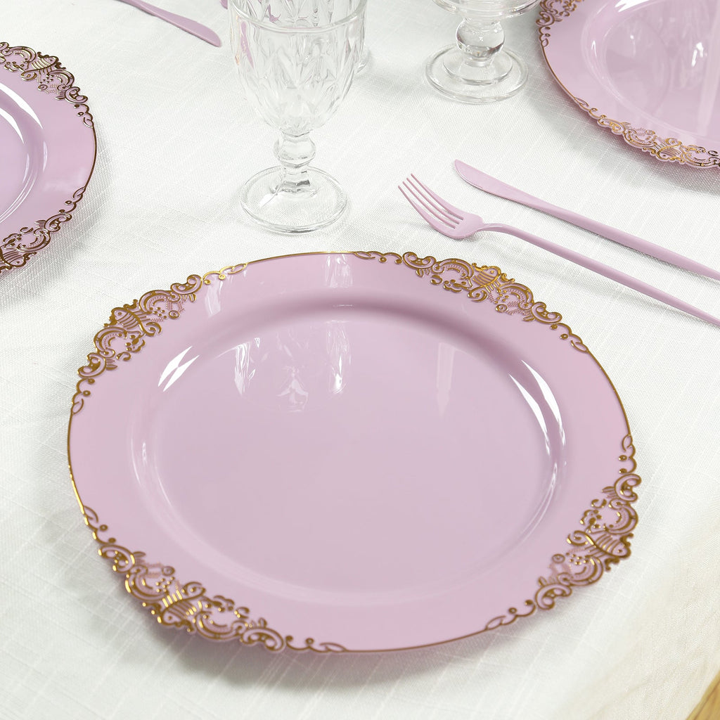 20 - Pack Economy Plastic Round Charger Plates 13" in Lavender Lilac with Gold Embossed Baroque Rim, Stylish Dinner Party Serving Plates - Bell Racket Store