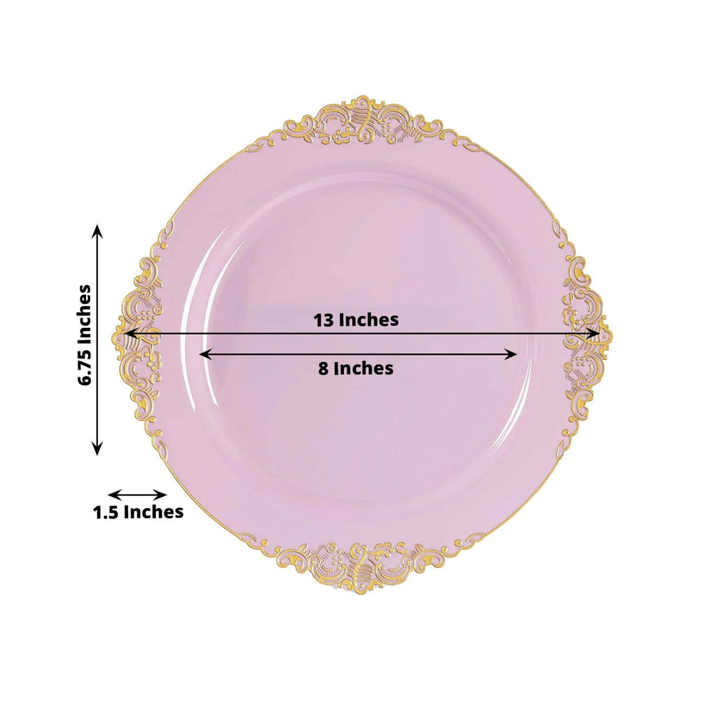 20 - Pack Economy Plastic Round Charger Plates 13" in Lavender Lilac with Gold Embossed Baroque Rim, Stylish Dinner Party Serving Plates - Bell Racket Store