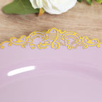 20 - Pack Economy Plastic Round Charger Plates 13" in Lavender Lilac with Gold Embossed Baroque Rim, Stylish Dinner Party Serving Plates - Bell Racket Store