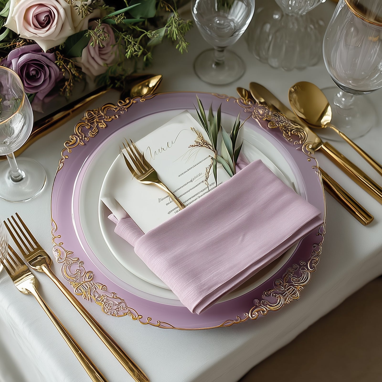 20 - Pack Economy Plastic Round Charger Plates 13" in Lavender Lilac with Gold Embossed Baroque Rim, Stylish Dinner Party Serving Plates - Bell Racket Store