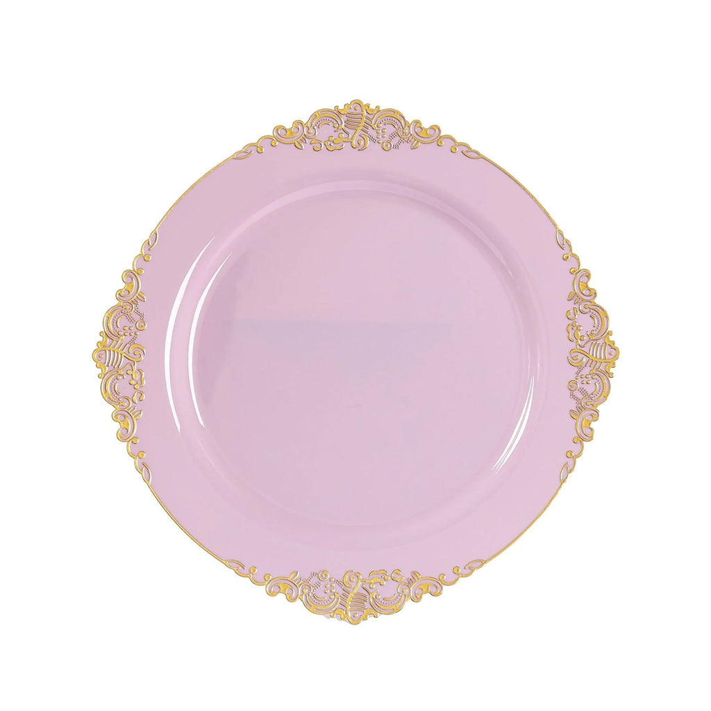 20 - Pack Economy Plastic Round Charger Plates 13" in Lavender Lilac with Gold Embossed Baroque Rim, Stylish Dinner Party Serving Plates - Bell Racket Store