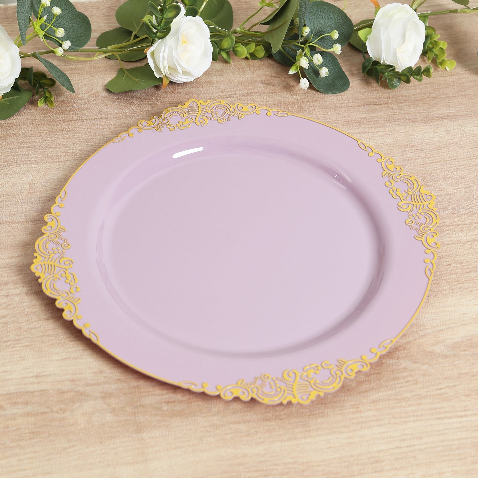 20 - Pack Economy Plastic Round Charger Plates 13" in Lavender Lilac with Gold Embossed Baroque Rim, Stylish Dinner Party Serving Plates - Bell Racket Store