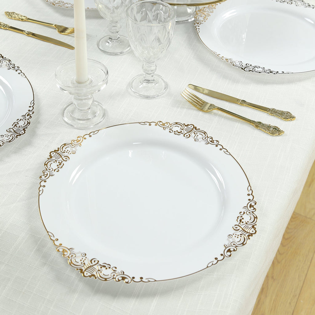 20 - Pack Economy Plastic Round Charger Plates 13" in White with Gold Embossed Baroque Rim, Stylish Dinner Party Serving Plates - Bell Racket Store