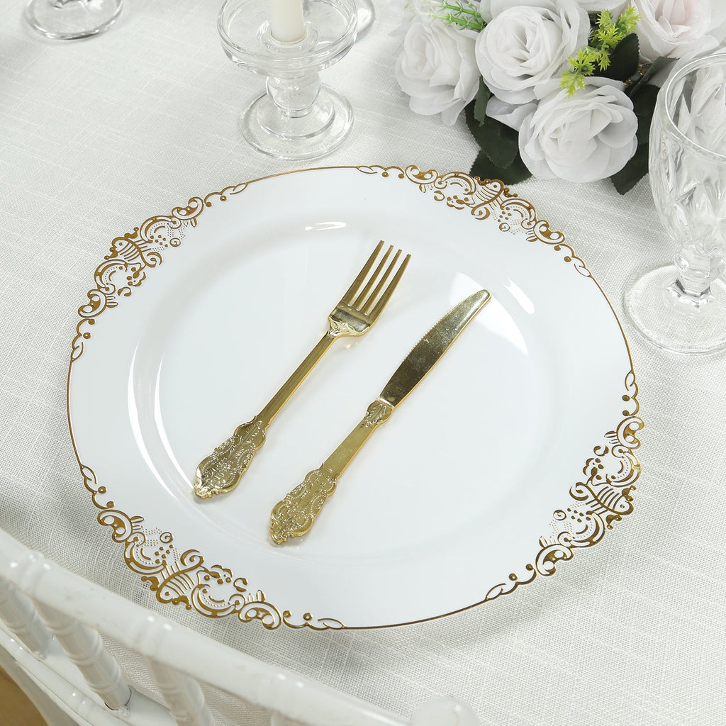 20 - Pack Economy Plastic Round Charger Plates 13" in White with Gold Embossed Baroque Rim, Stylish Dinner Party Serving Plates - Bell Racket Store