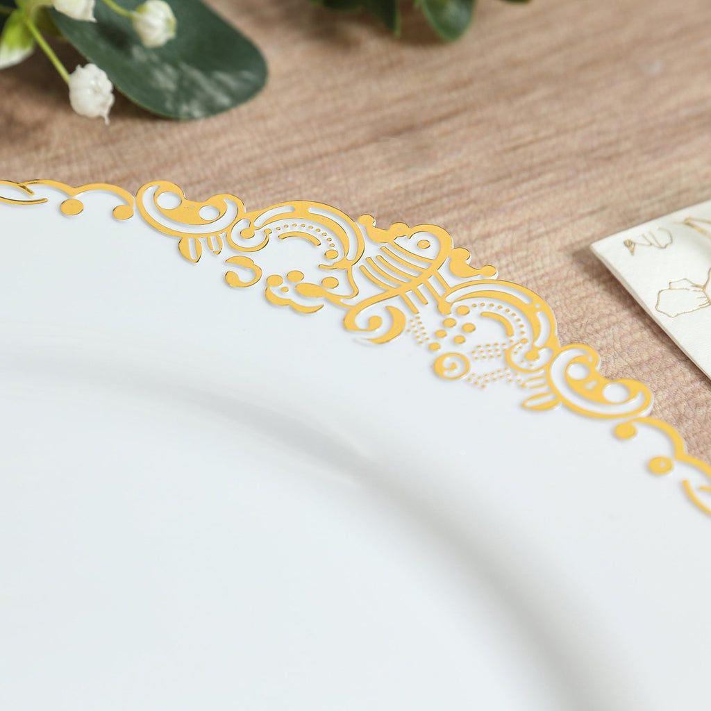 20 - Pack Economy Plastic Round Charger Plates 13" in White with Gold Embossed Baroque Rim, Stylish Dinner Party Serving Plates - Bell Racket Store