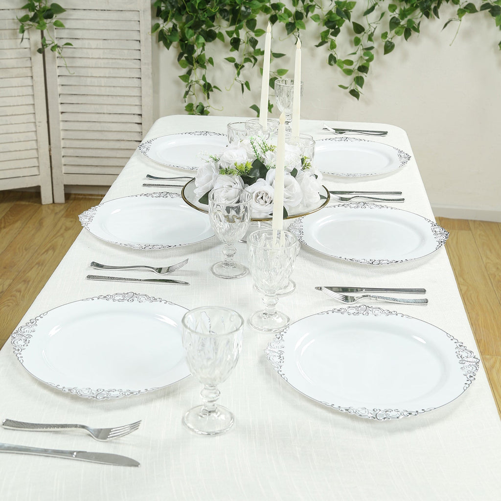 20 - Pack Economy Plastic Round Charger Plates 13" in White with Silver Embossed Baroque Rim, Stylish Dinner Party Serving Plates - Bell Racket Store