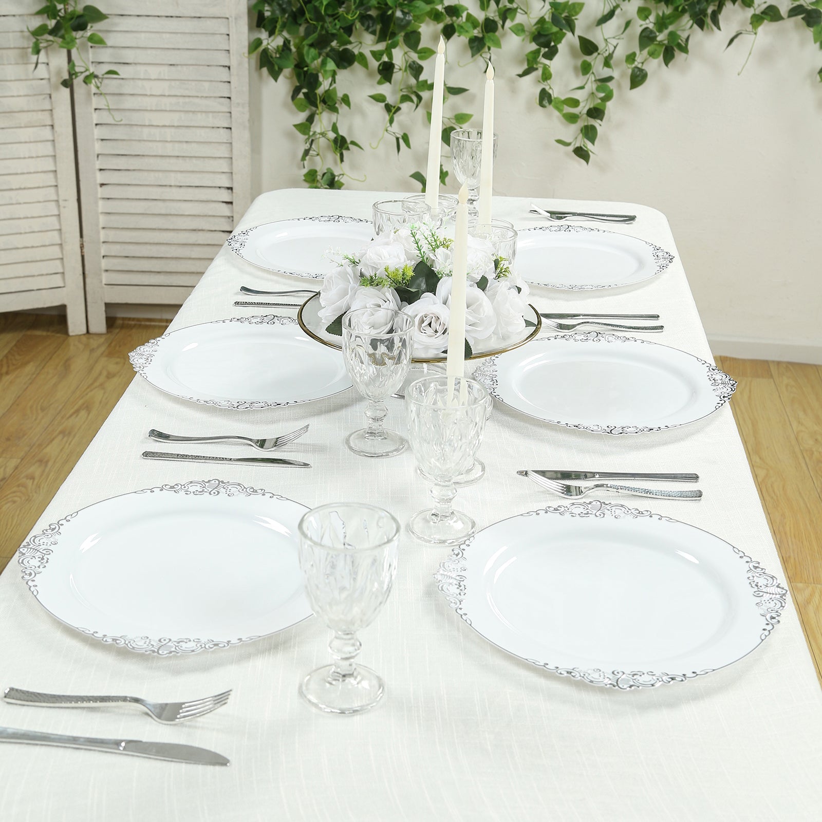 20 - Pack Economy Plastic Round Charger Plates 13" in White with Silver Embossed Baroque Rim, Stylish Dinner Party Serving Plates - Bell Racket Store