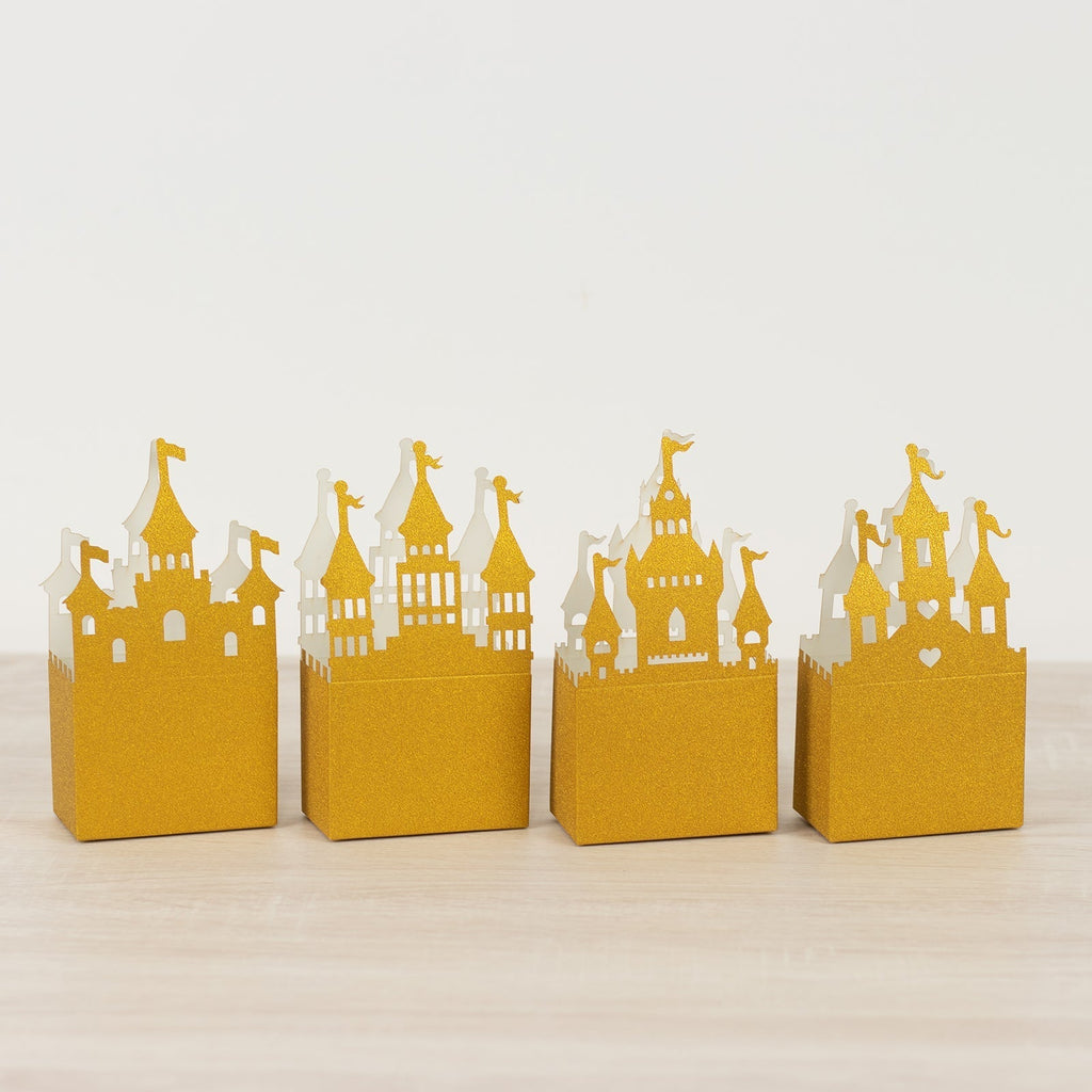 20 Pack Gold Glitter Fairy Tale Castle Favor Boxes, Princess Theme Cardstock Paper Candy Boxes Party Decorations - 3.5"x2"x6.5" - Bell Racket Store