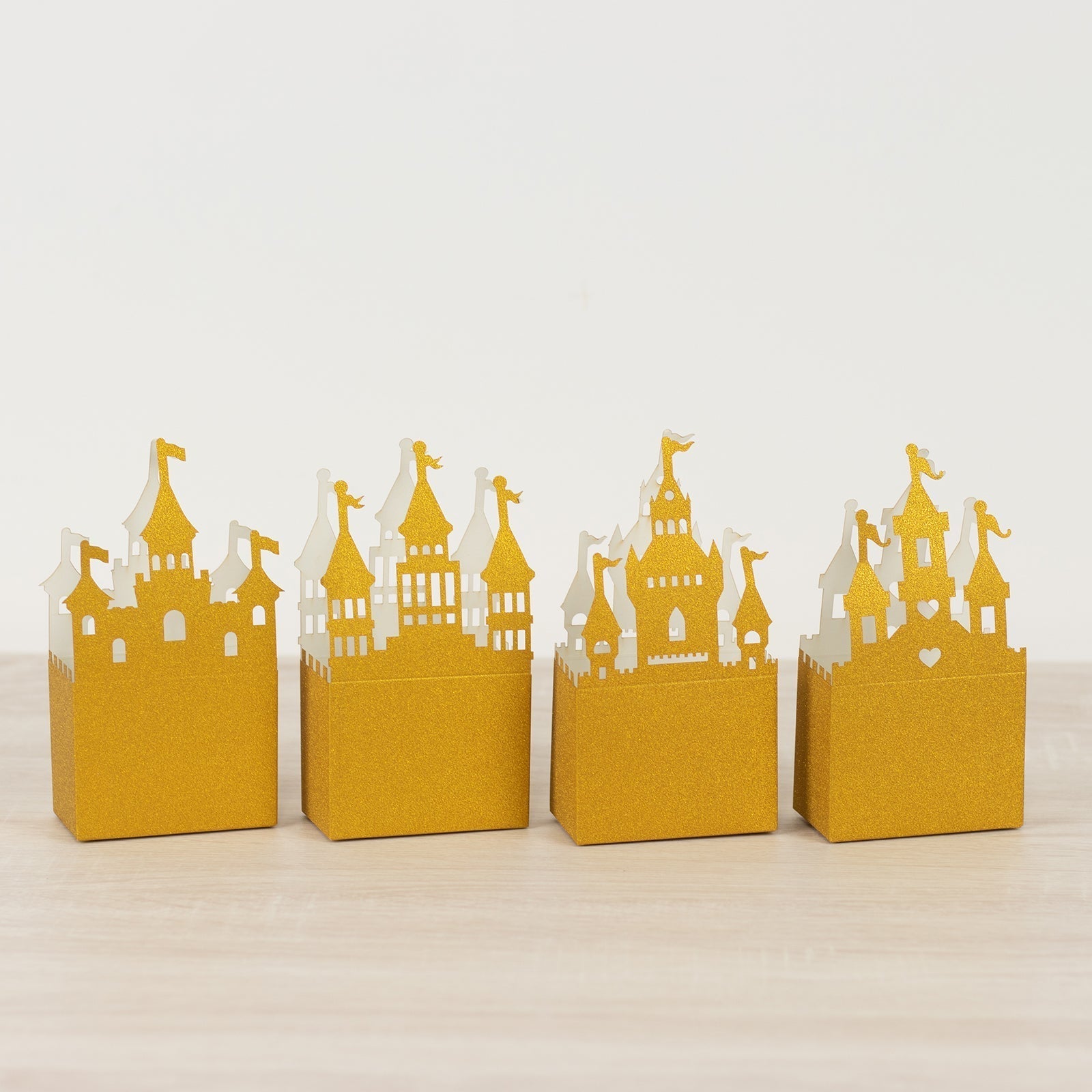 20 Pack Gold Glitter Fairy Tale Castle Favor Boxes, Princess Theme Cardstock Paper Candy Boxes Party Decorations - 3.5"x2"x6.5" - Bell Racket Store
