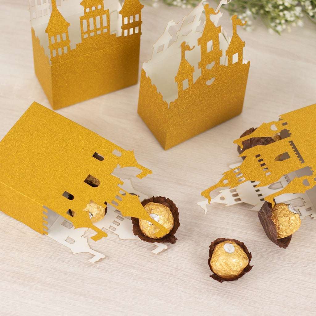 20 Pack Gold Glitter Fairy Tale Castle Favor Boxes, Princess Theme Cardstock Paper Candy Boxes Party Decorations - 3.5"x2"x6.5" - Bell Racket Store