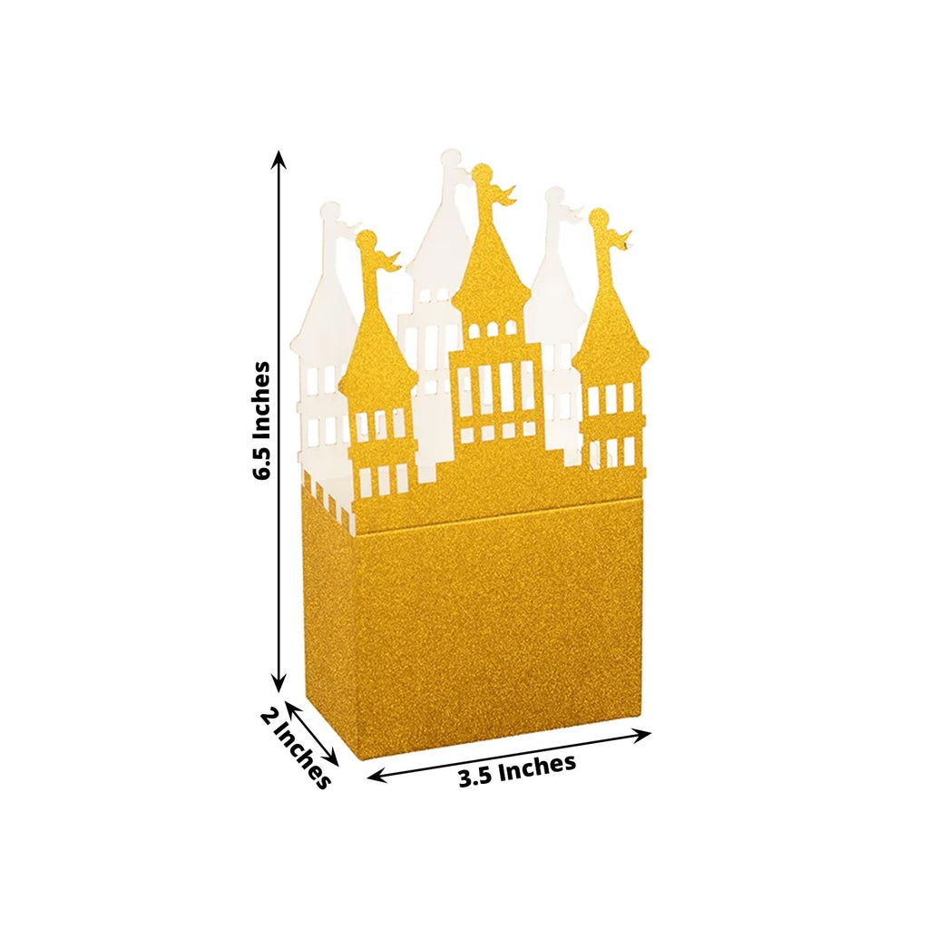 20 Pack Gold Glitter Fairy Tale Castle Favor Boxes, Princess Theme Cardstock Paper Candy Boxes Party Decorations - 3.5"x2"x6.5" - Bell Racket Store