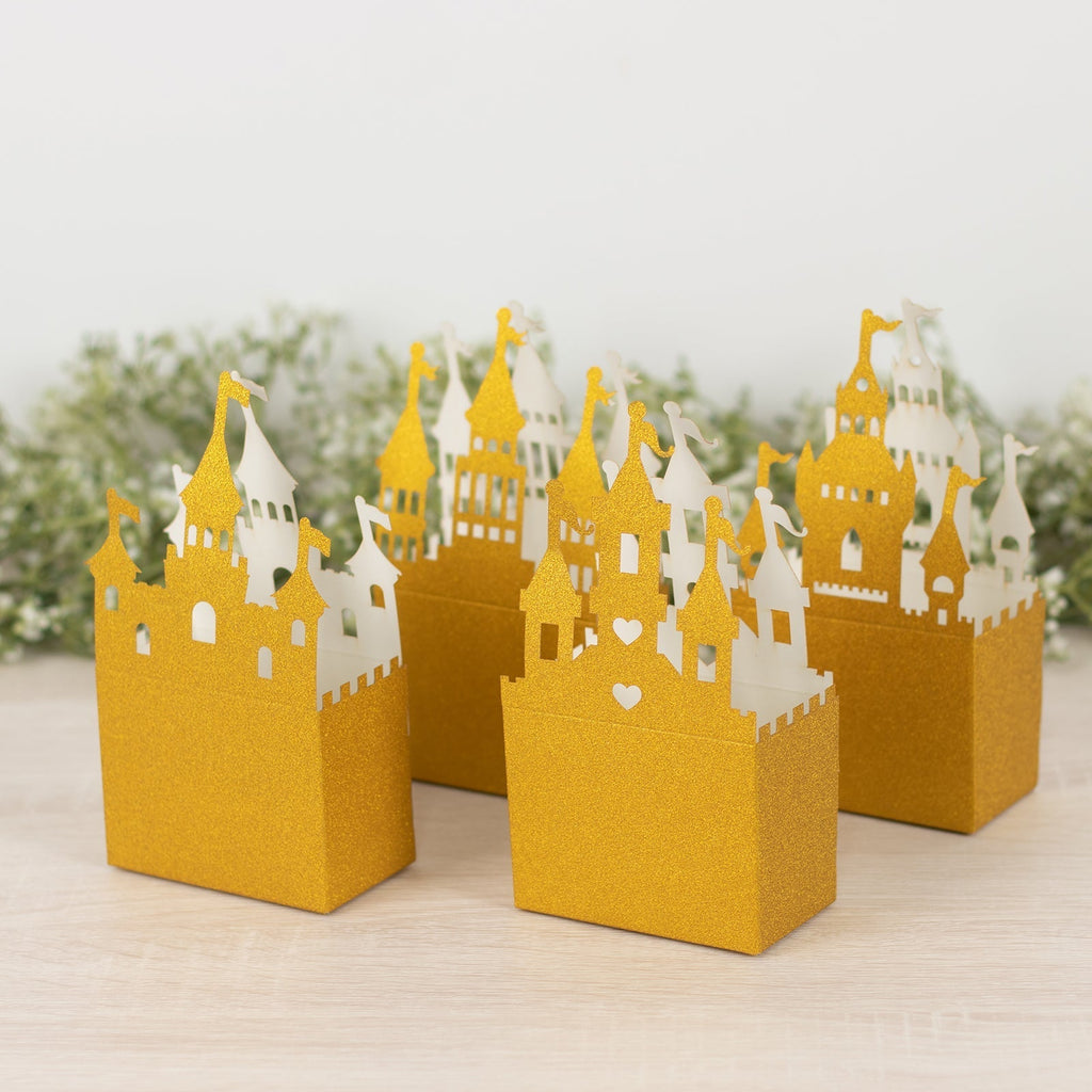 20 Pack Gold Glitter Fairy Tale Castle Favor Boxes, Princess Theme Cardstock Paper Candy Boxes Party Decorations - 3.5"x2"x6.5" - Bell Racket Store