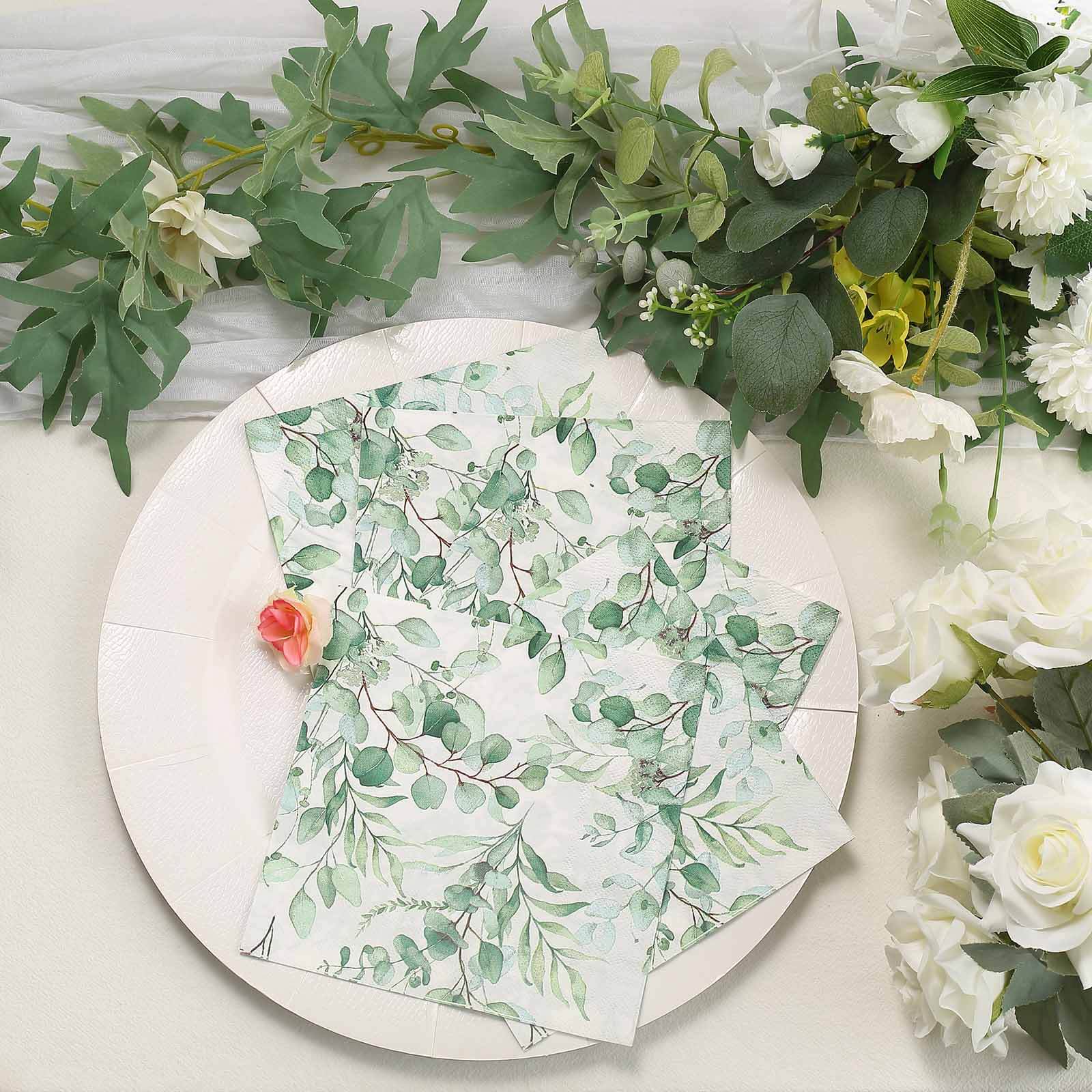20-Pack Paper Beverage Napkins with Green Foliage Eucalyptus Leaves Design - 2 Ply Soft 18GSM Boho Wedding Napkins 6.5"x6.5"