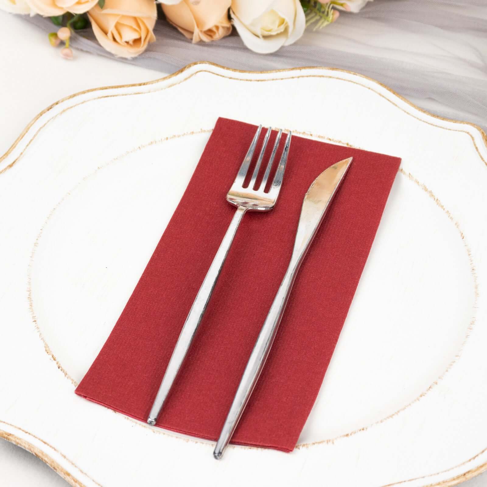 20 Pack Linen - Like Paper 8.5"x4" Napkins Burgundy - Highly Absorbent & Disposable Airlaid Guest Towels - Bell Racket Store