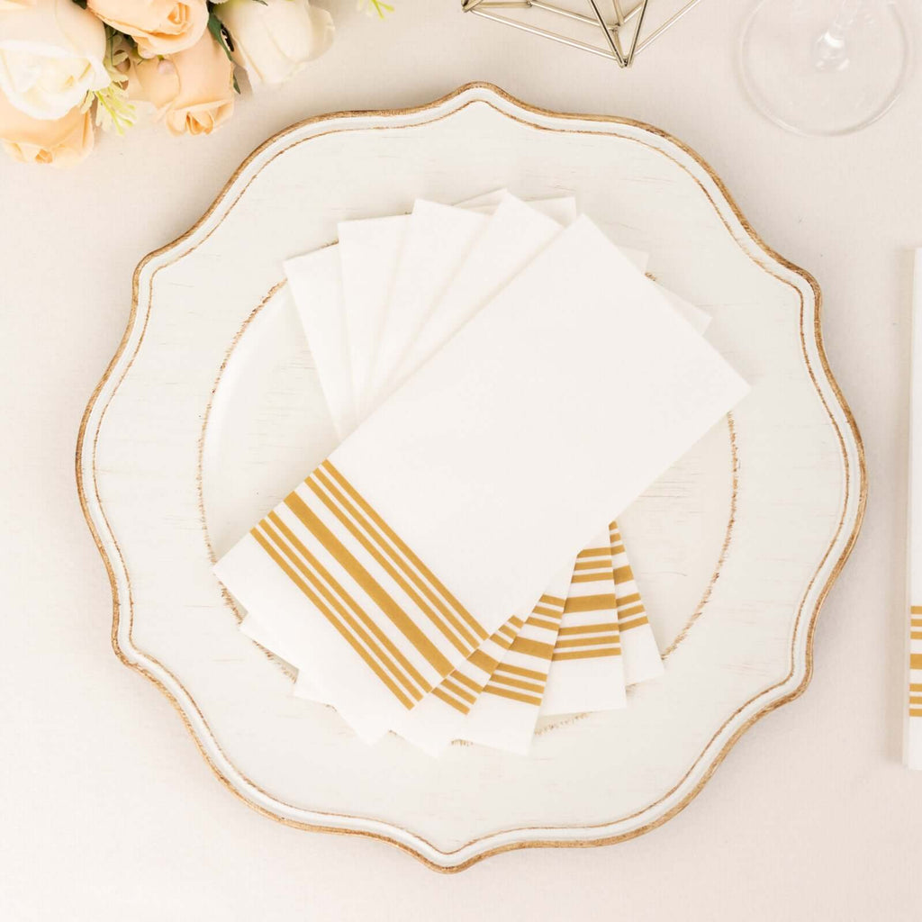 20 Pack Linen - Like Paper 8"x4" Napkins White With Gold Lines - Soft Hygienic Airlaid Guest Towels - Bell Racket Store
