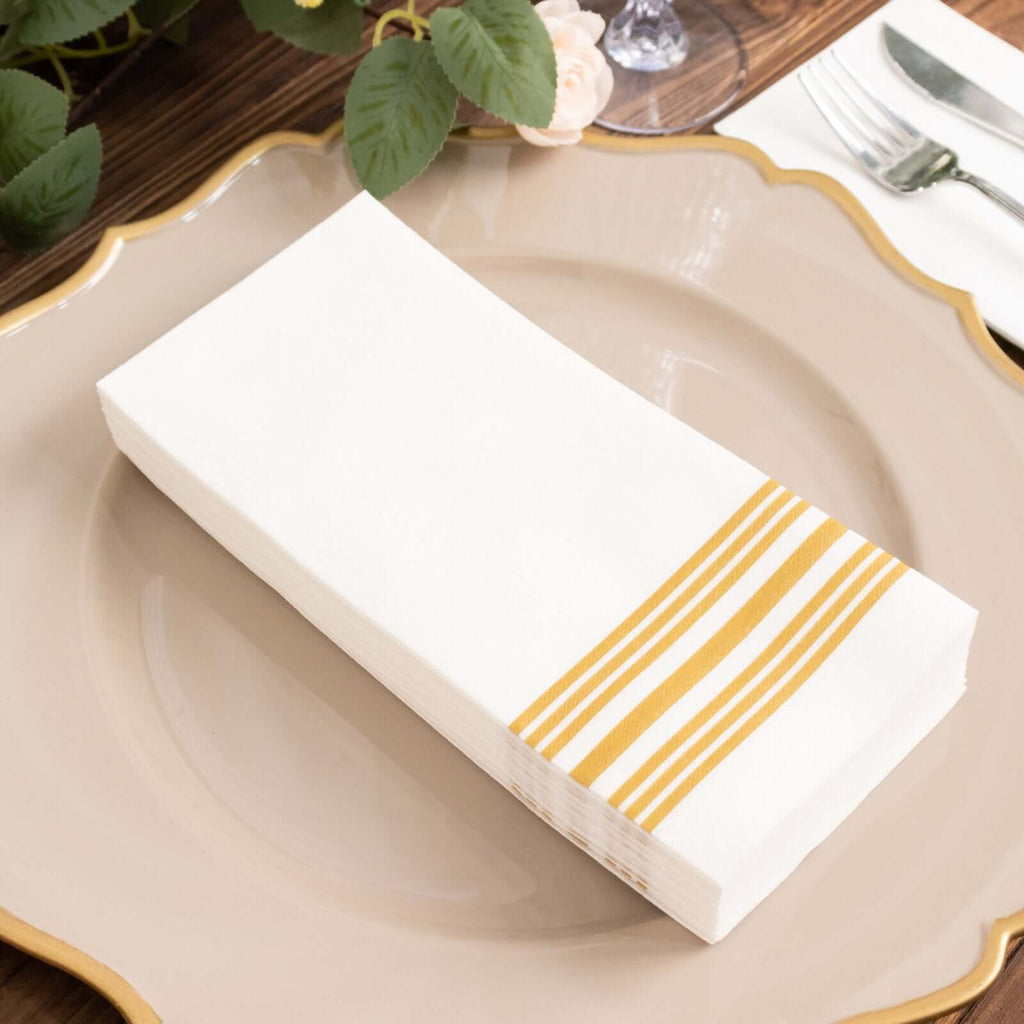 20 Pack Linen - Like Paper 8"x4" Napkins White With Gold Lines - Soft Hygienic Airlaid Guest Towels - Bell Racket Store
