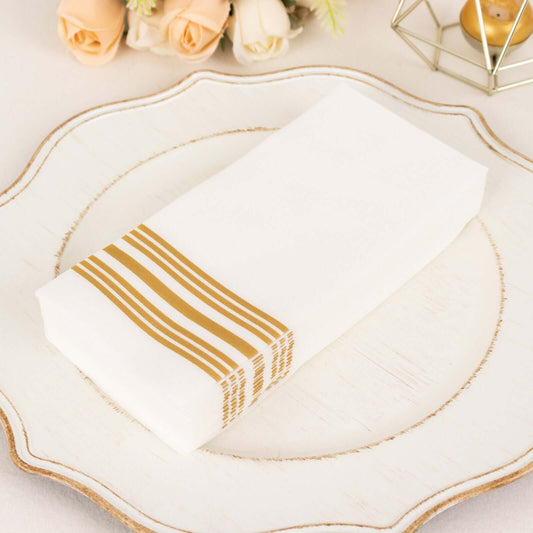 20 Pack Linen - Like Paper 8"x4" Napkins White With Gold Lines - Soft Hygienic Airlaid Guest Towels - Bell Racket Store
