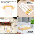 20 Pack Linen - Like Paper 8"x4" Napkins White With Gold Lines - Soft Hygienic Airlaid Guest Towels - Bell Racket Store