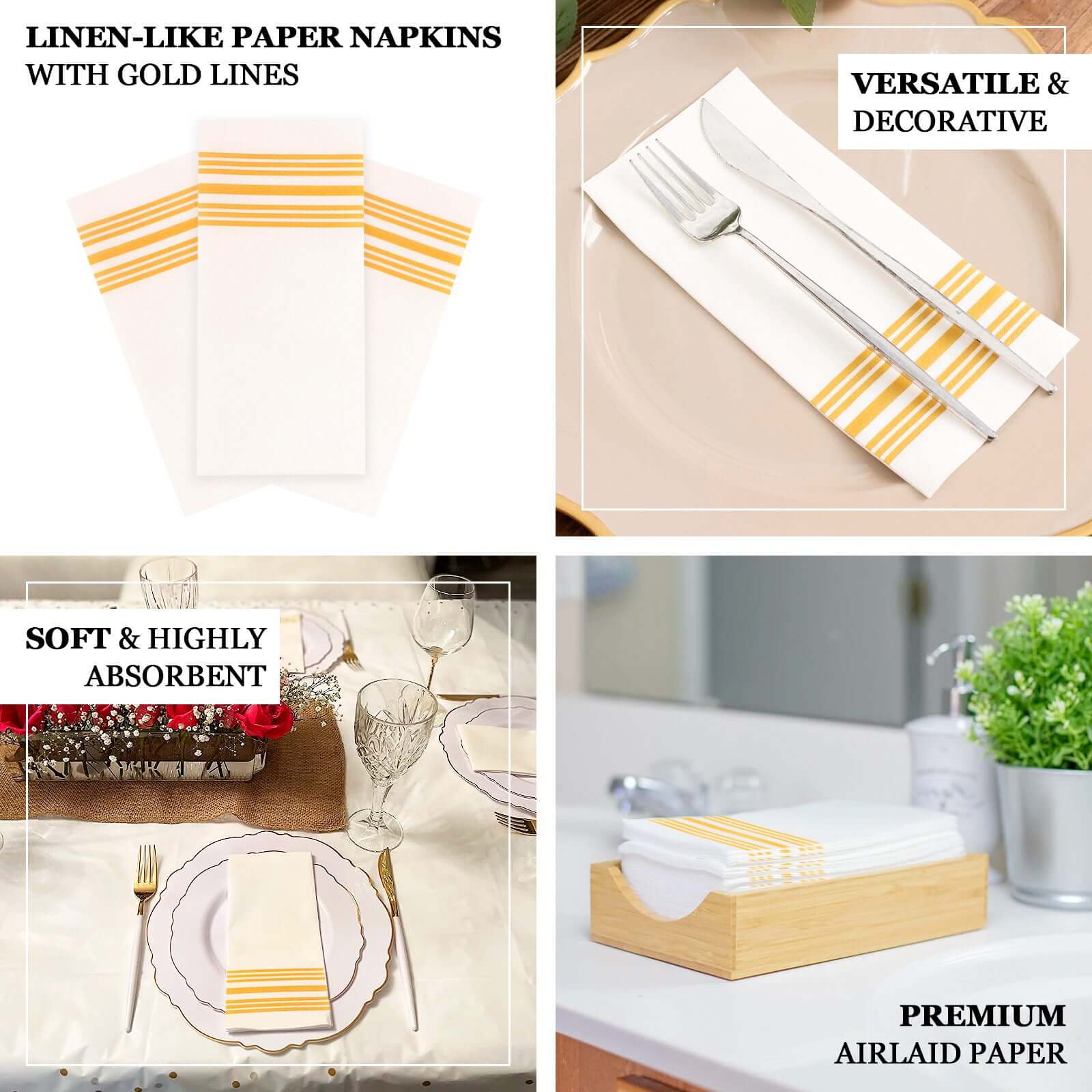 20 Pack Linen - Like Paper 8"x4" Napkins White With Gold Lines - Soft Hygienic Airlaid Guest Towels - Bell Racket Store