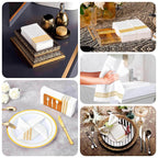 20 Pack Linen - Like Paper 8"x4" Napkins White With Gold Lines - Soft Hygienic Airlaid Guest Towels - Bell Racket Store