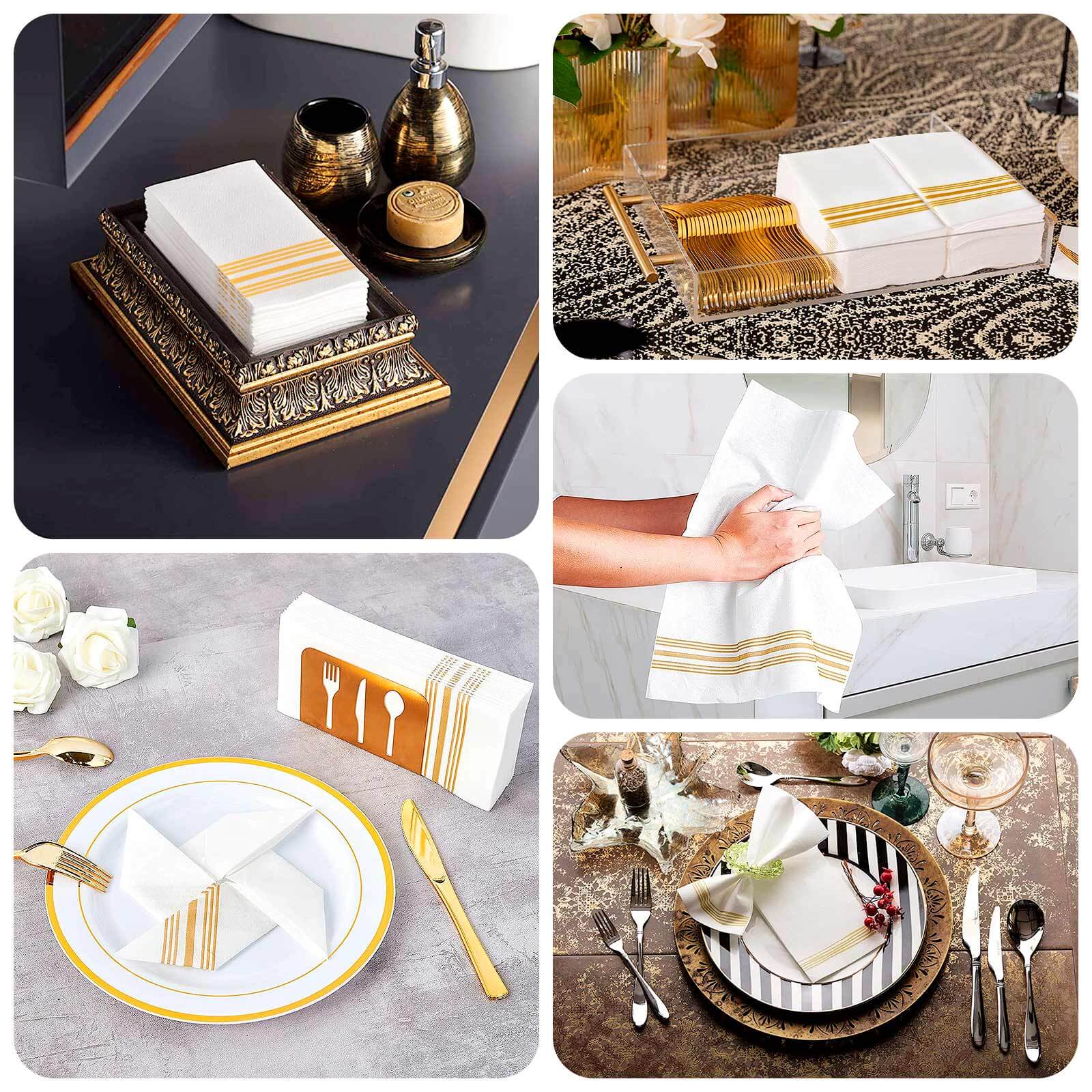 20 Pack Linen - Like Paper 8"x4" Napkins White With Gold Lines - Soft Hygienic Airlaid Guest Towels - Bell Racket Store