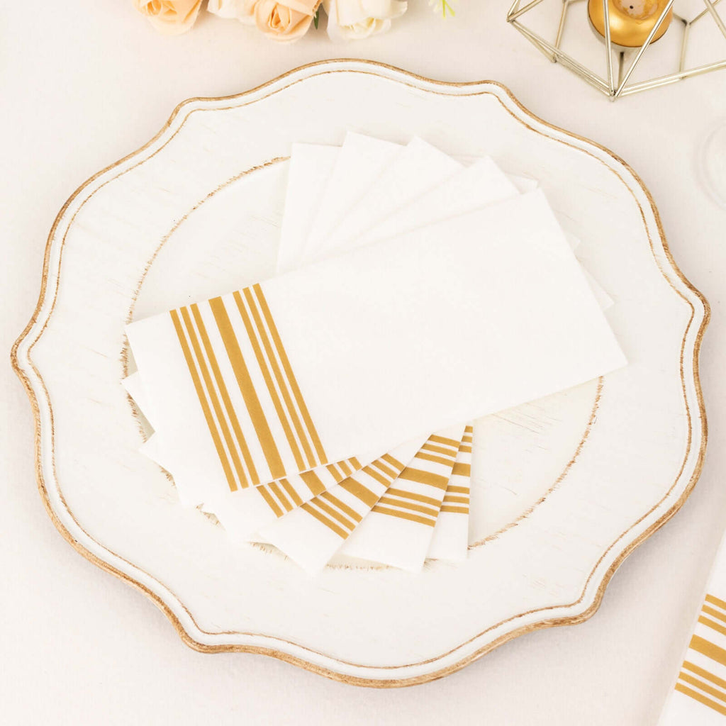 20 Pack Linen - Like Paper 8"x4" Napkins White With Gold Lines - Soft Hygienic Airlaid Guest Towels - Bell Racket Store