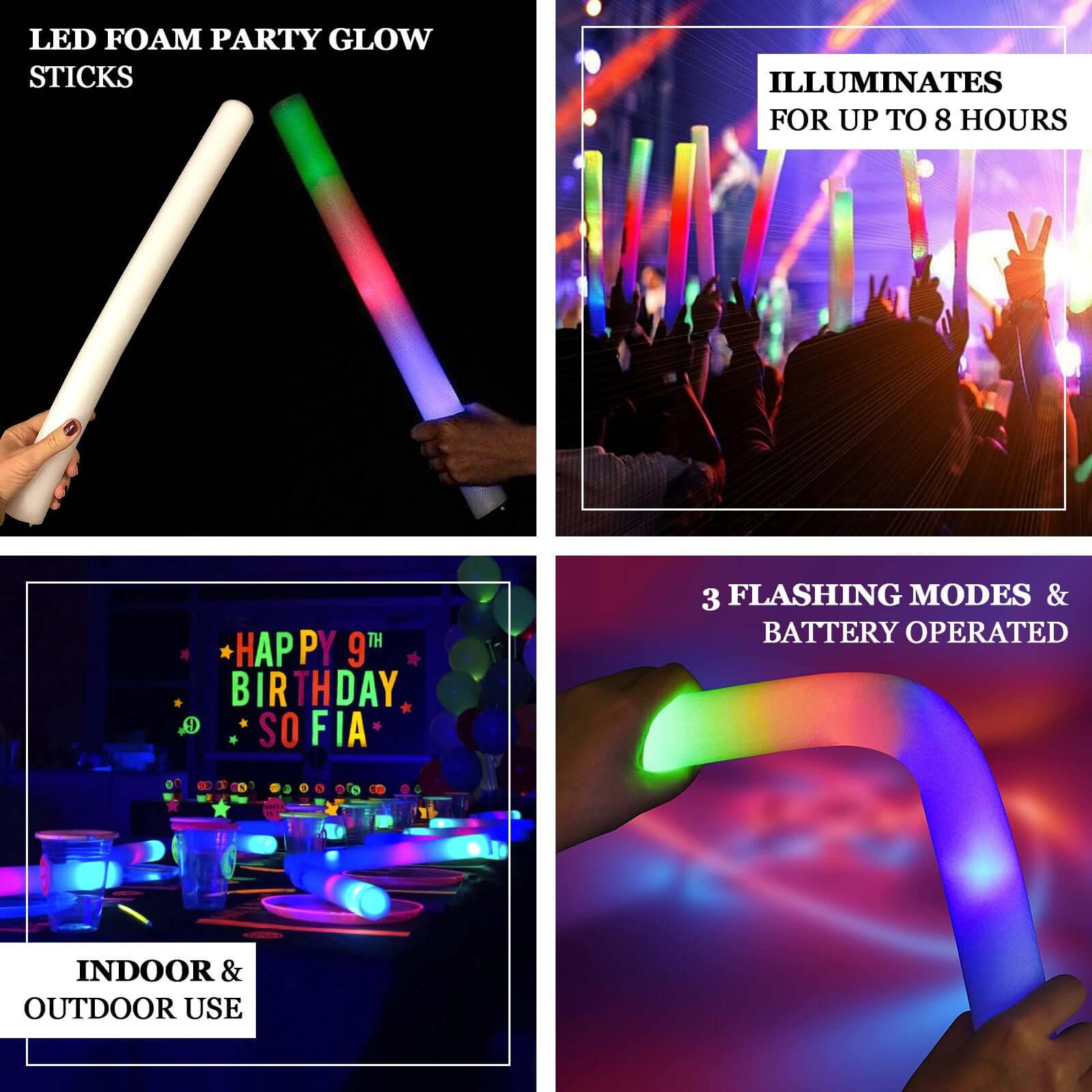 20 Pack Multicolor LED Foam Party Glow Sticks With 3 Flashing Modes, 19" Reusable Battery Operated Light Sticks - Bell Racket Store