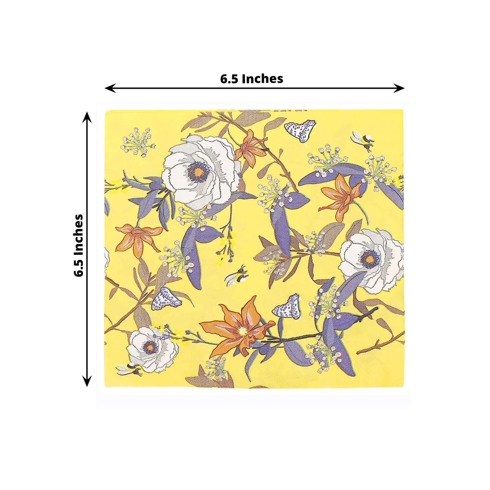 20 - Pack Paper Beverage Napkins with Blooming Flowers Design Yellow - 2 Ply Soft 18GSM Floral Wedding Napkins 6.5"x6.5" - Bell Racket Store